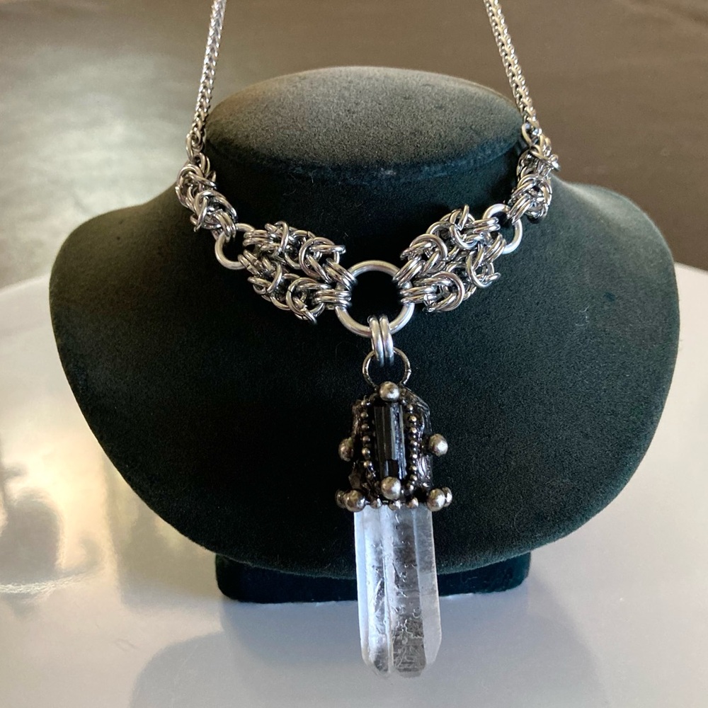 Genuine clear crystal quartz & black tourmaline maille silver boho goth necklace
